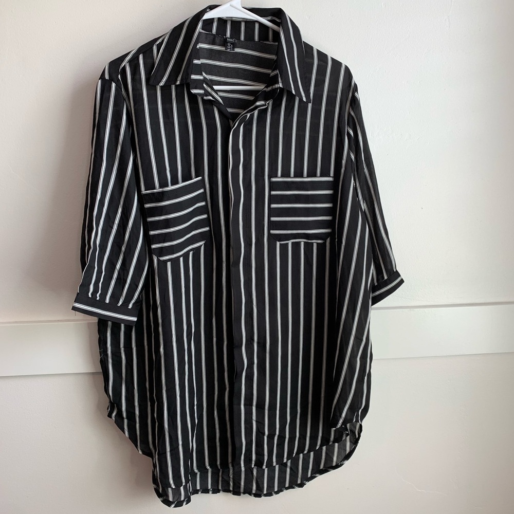Yamoo European Style Black & White Striped Button Up Shirt - Picture 1 of 5